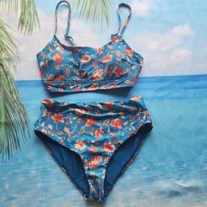 Teal Floral Two Piece Bathingsuit Women's Size Medium NWOT